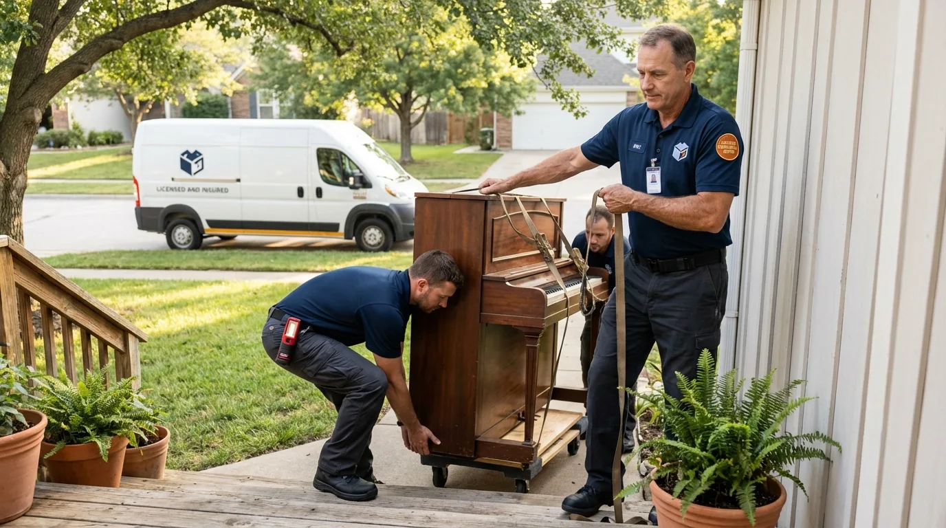 Licensed piano movers securing grand piano in Vernal, UT