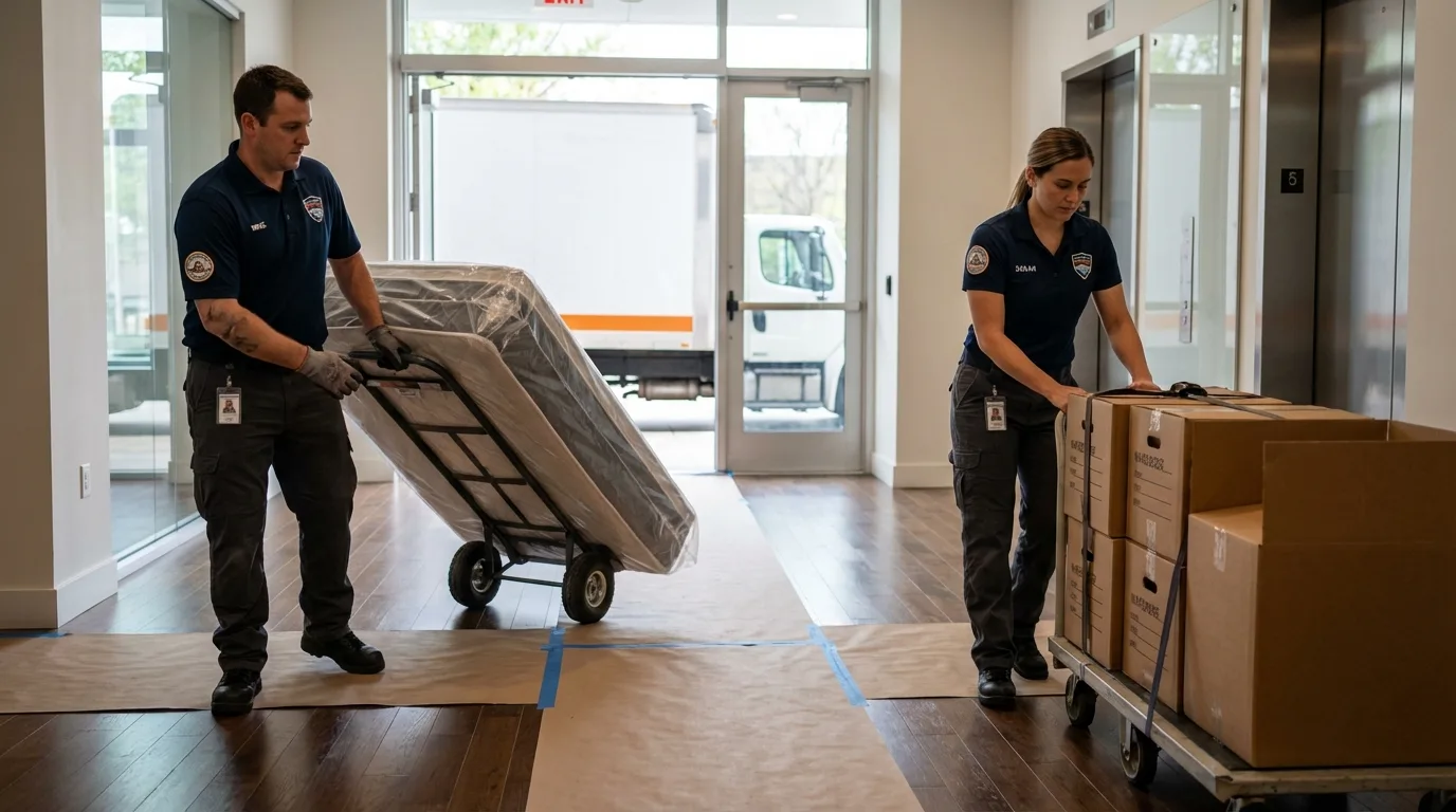 Professional apartment movers loading elevator in Vernal, UT
